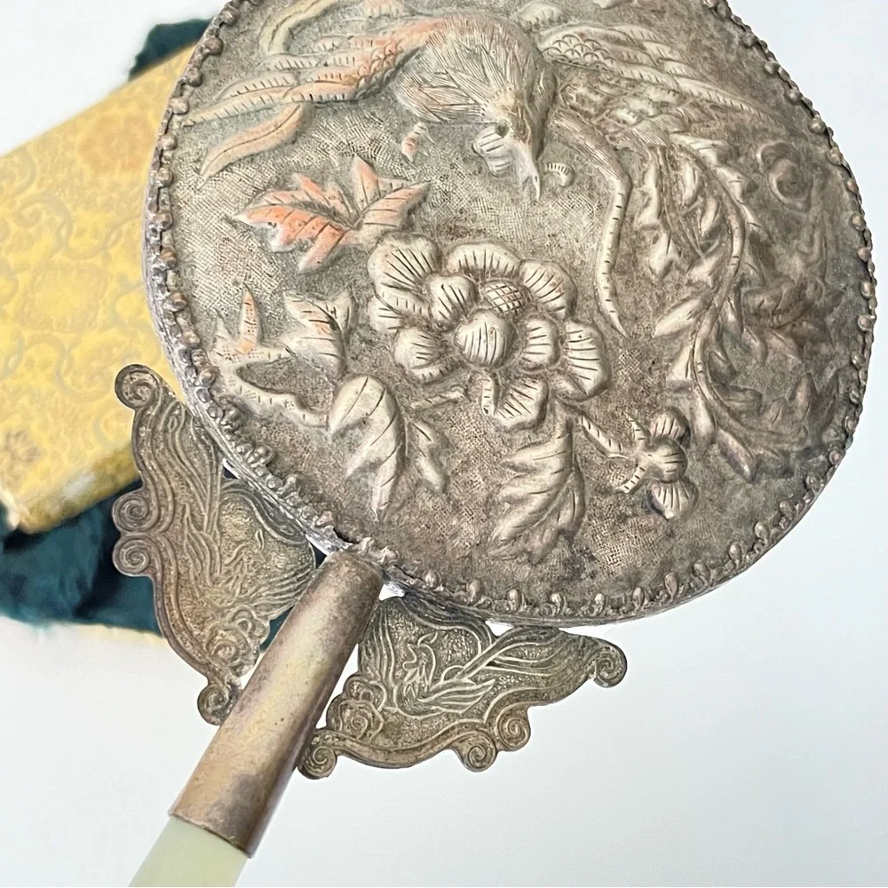 Vintage hand held vanity mirror jade handle silver tone birds floral metal
